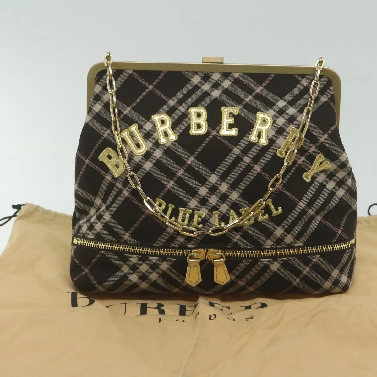 BURBERRY Nova Check Blue Label Chain Hand Bag Canvas Brown  61800
