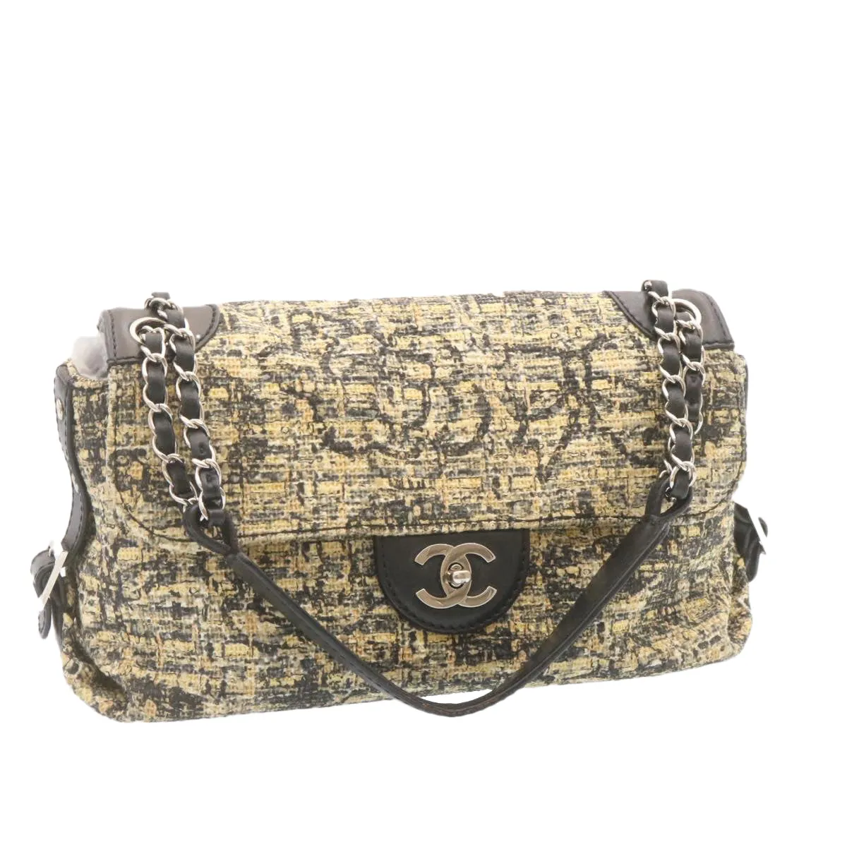 CHANEL Camellia Icon Turn lock Chain Flap ShoulderBag Beige Black CC Auth 24396A