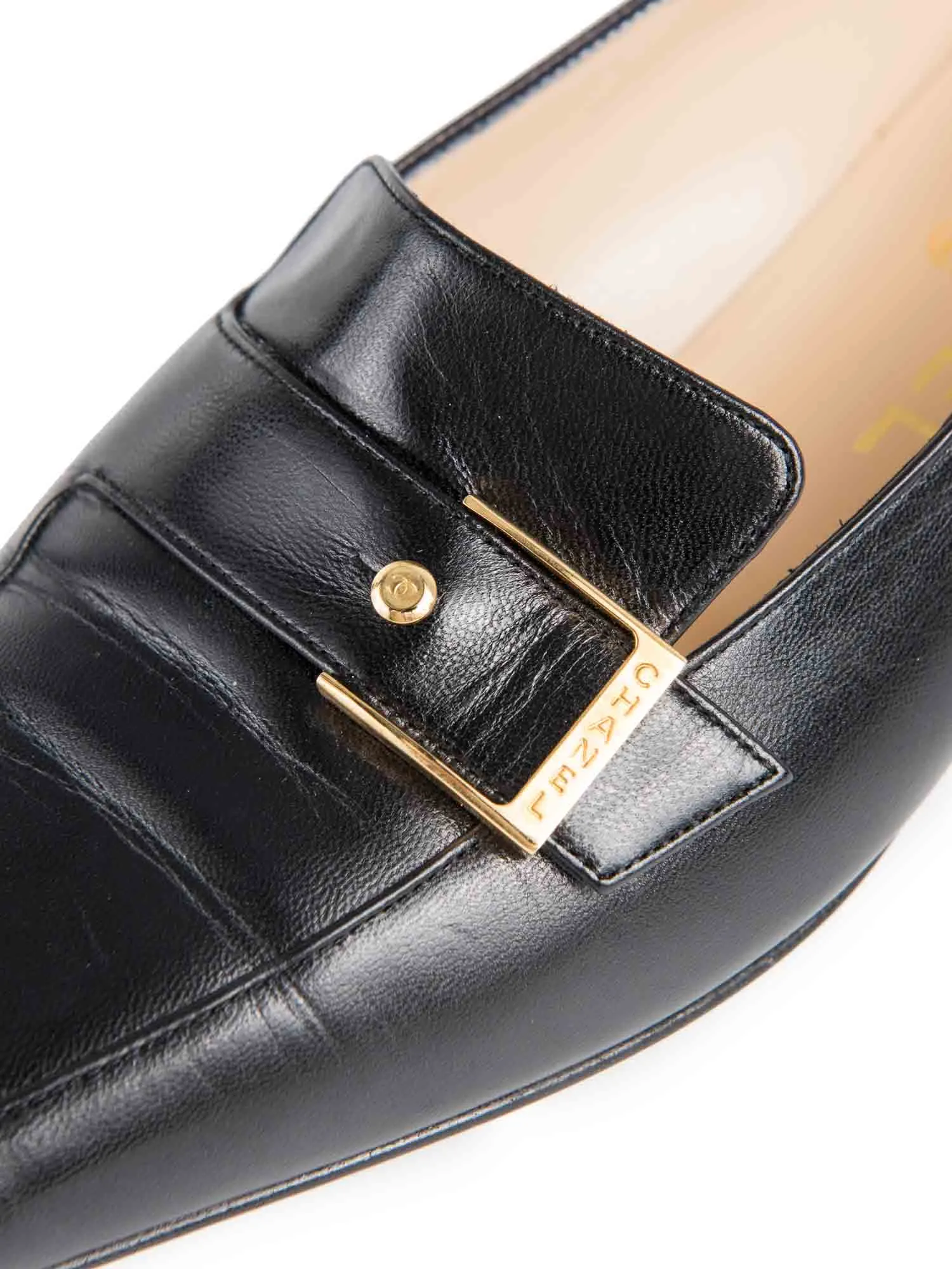 CHANEL CC Logo Leather Buckle Loafers Black Gold