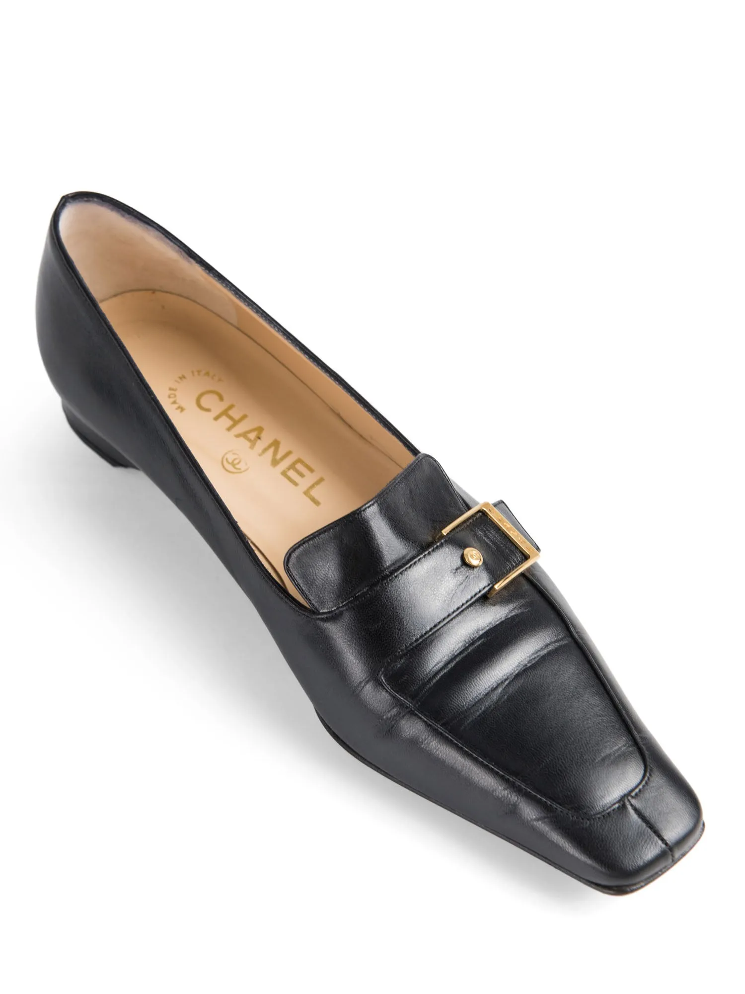 CHANEL CC Logo Leather Buckle Loafers Black Gold