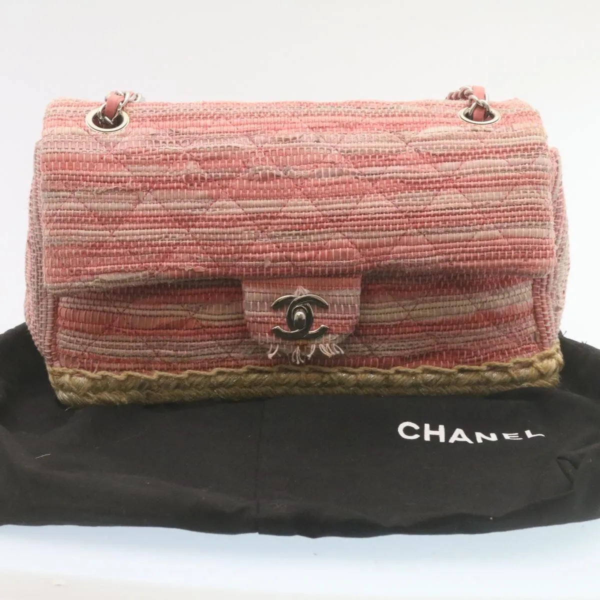CHANEL Chain New Shoulder Bag Turn Lock Canvas Pink CC Auth bs334A