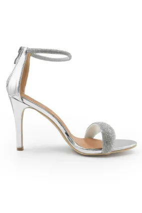 EVELYN HIGH HEEL SANDALS WITH DIAMANTE ANKLE STRAP IN MOON SILVER FAUX LEATHER
