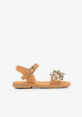 Girl's Brown Flowers Leather Sandals