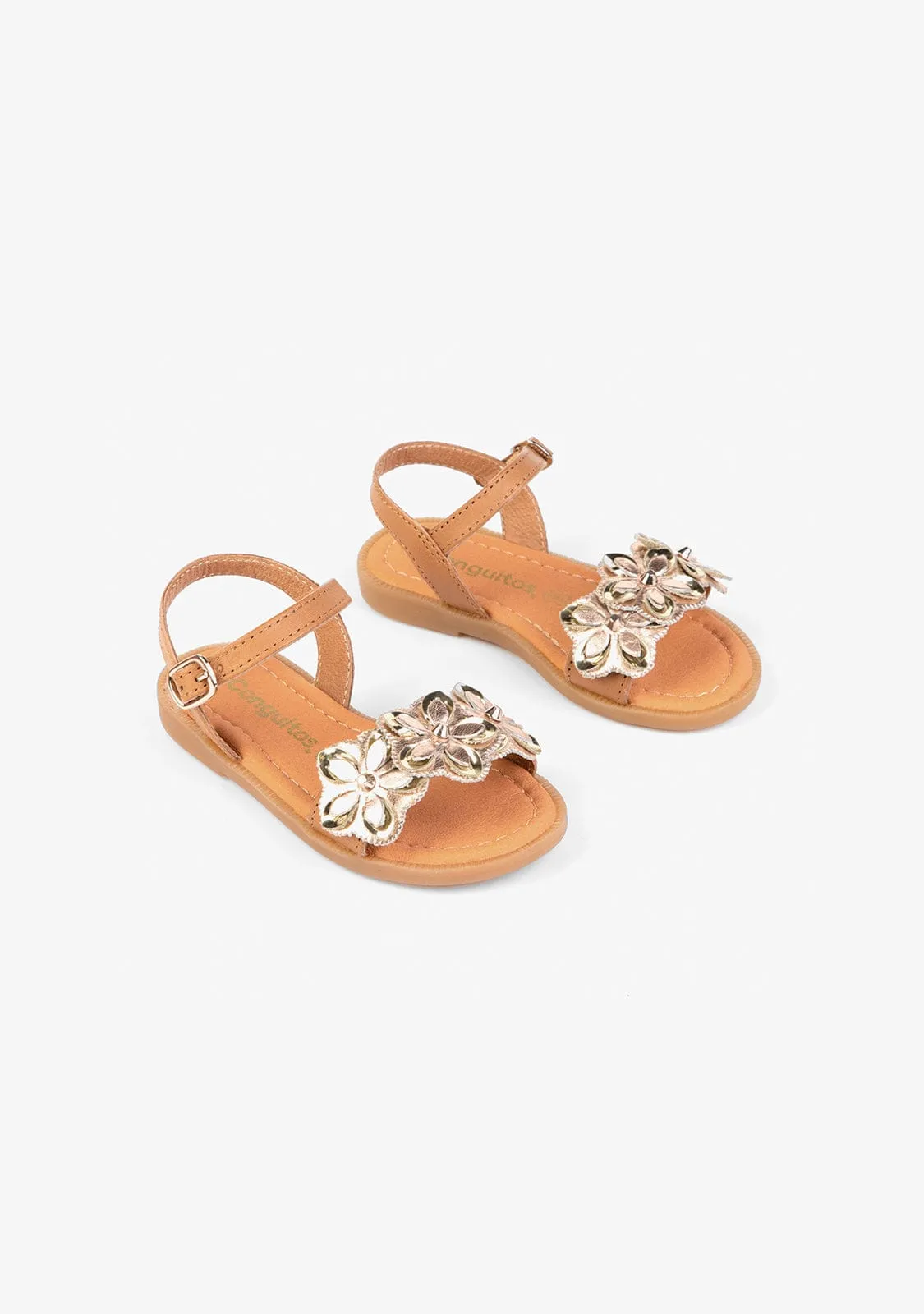 Girl's Brown Flowers Leather Sandals