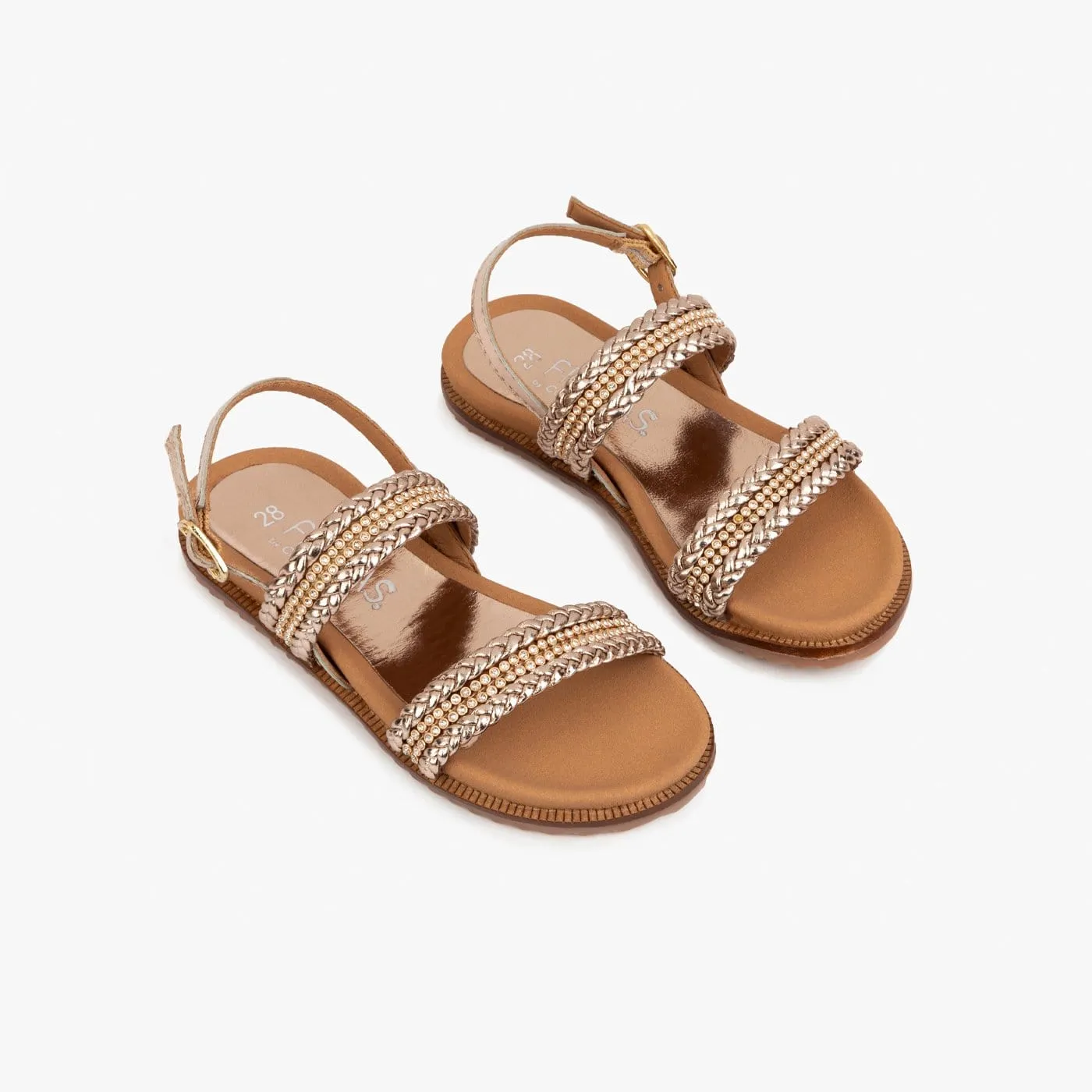 Girl's Platinum Strass Leather Sandals