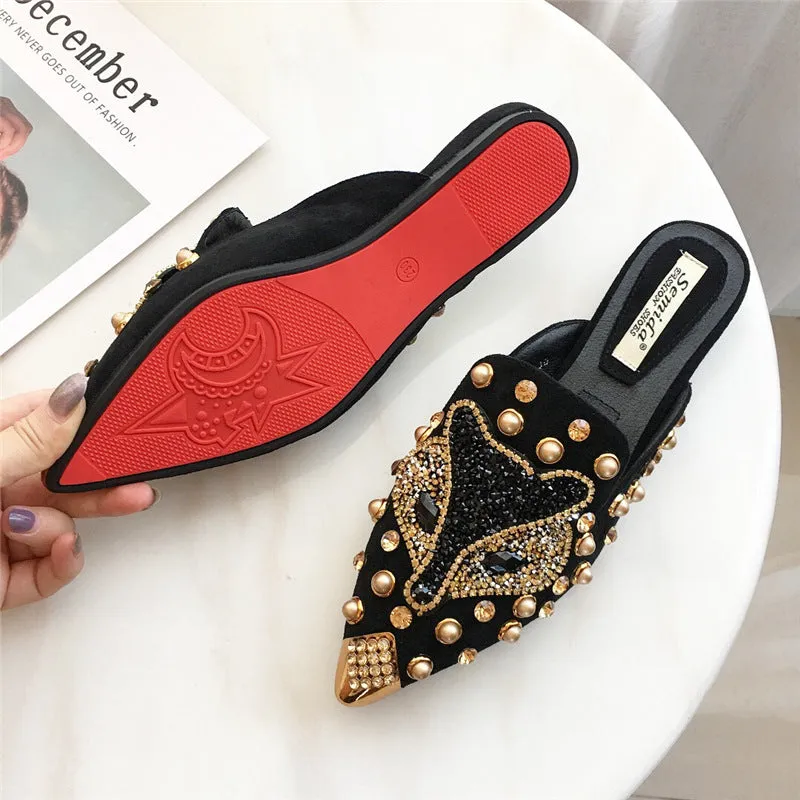 Joker Rhinestone Pointed Flat-bottomed  Slippers