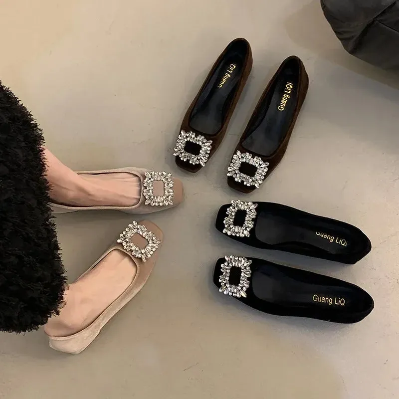 Joskaa Black Satin Cloth Flats Shoes Woman Basic Sequined Rhinestones Crystal Diamond Buckle Flats Fashion Bridal Shoe Work Women Shoes