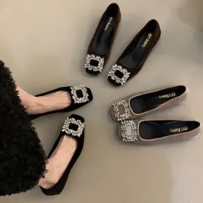 Joskaa Black Satin Cloth Flats Shoes Woman Basic Sequined Rhinestones Crystal Diamond Buckle Flats Fashion Bridal Shoe Work Women Shoes