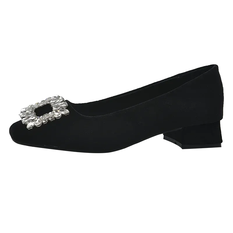 Joskaa Black Satin Cloth Flats Shoes Woman Basic Sequined Rhinestones Crystal Diamond Buckle Flats Fashion Bridal Shoe Work Women Shoes