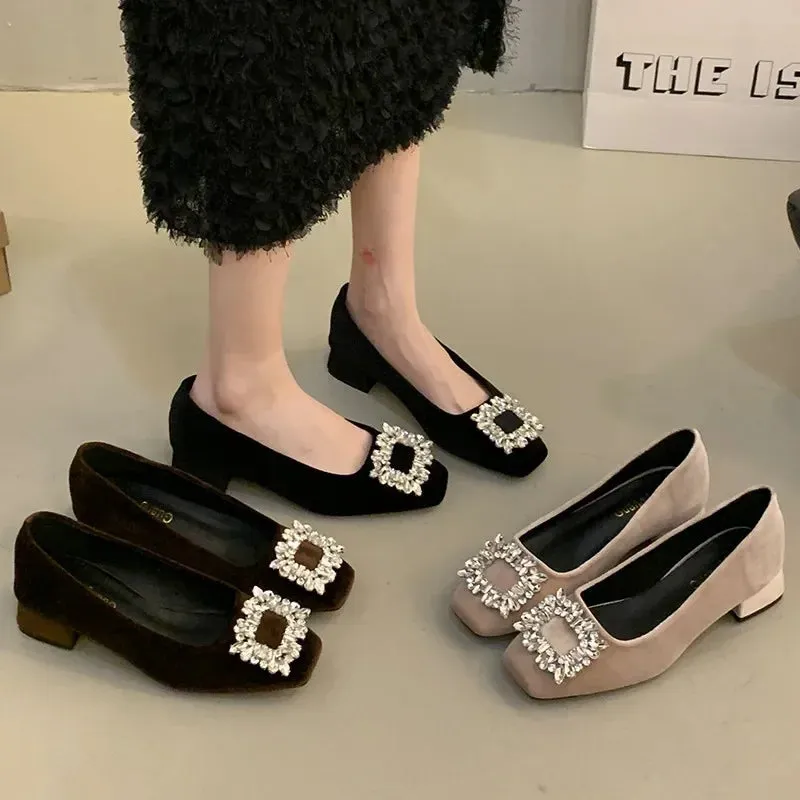 Joskaa Black Satin Cloth Flats Shoes Woman Basic Sequined Rhinestones Crystal Diamond Buckle Flats Fashion Bridal Shoe Work Women Shoes