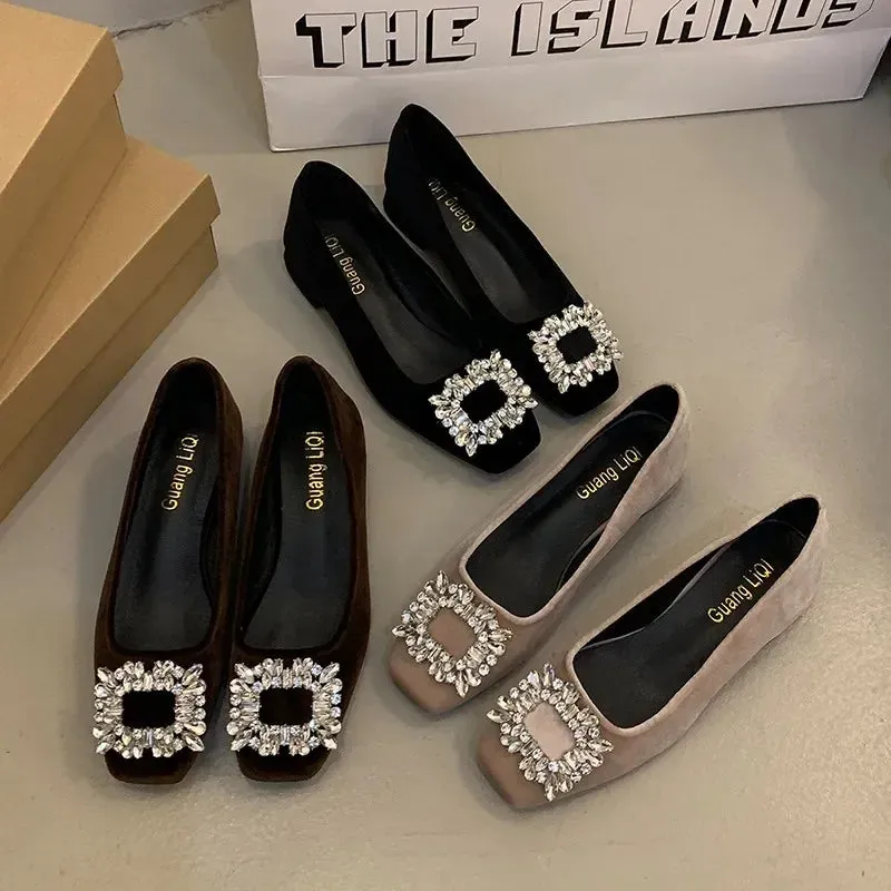 Joskaa Black Satin Cloth Flats Shoes Woman Basic Sequined Rhinestones Crystal Diamond Buckle Flats Fashion Bridal Shoe Work Women Shoes