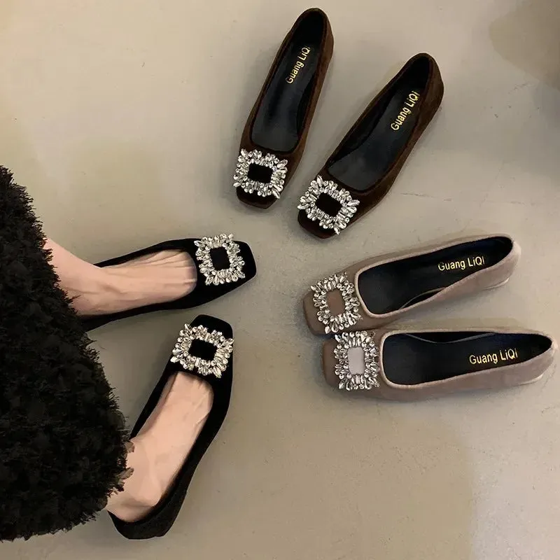 Joskaa Black Satin Cloth Flats Shoes Woman Basic Sequined Rhinestones Crystal Diamond Buckle Flats Fashion Bridal Shoe Work Women Shoes