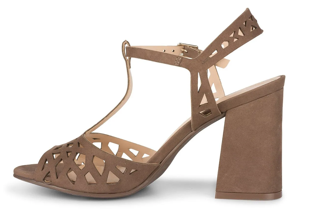 Klub Nico TESSA Heeled Sandals Truffle Suede Open Toe Block Heel Laser-cut Pumps