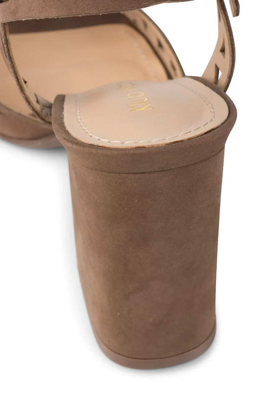 Klub Nico TESSA Heeled Sandals Truffle Suede Open Toe Block Heel Laser-cut Pumps