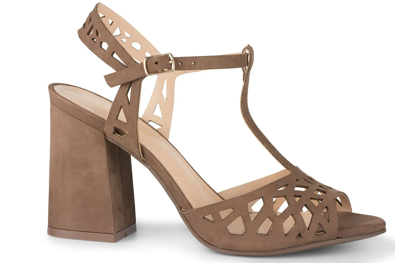 Klub Nico TESSA Heeled Sandals Truffle Suede Open Toe Block Heel Laser-cut Pumps
