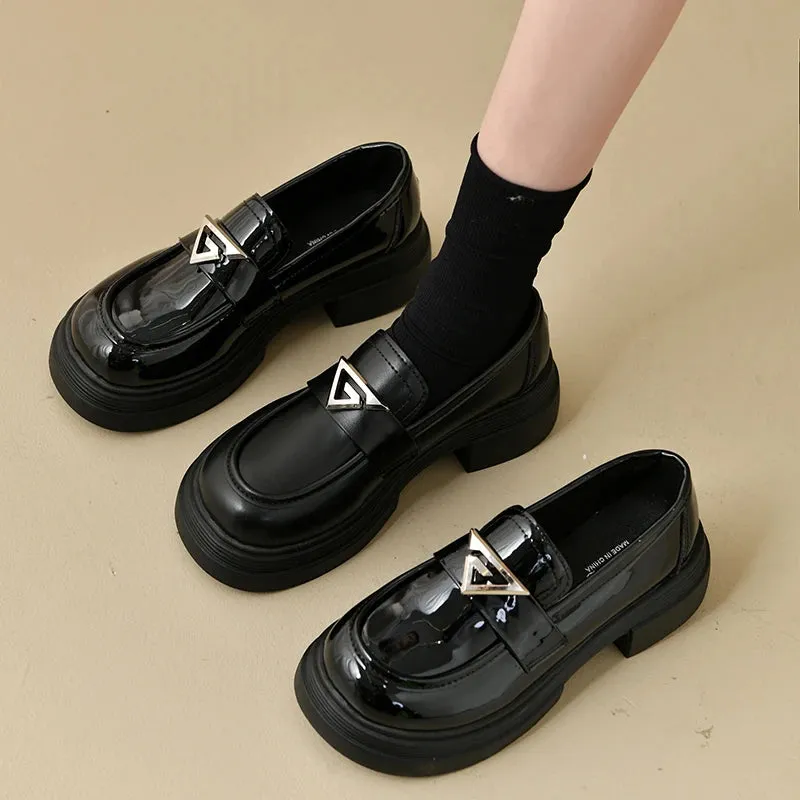 Metal Decoration Solid Leather Round Toe High Heels Oxford Platform Pumps Loafers