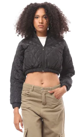 O171121 Black Quilted Cropped Bomber Jacket With Hem