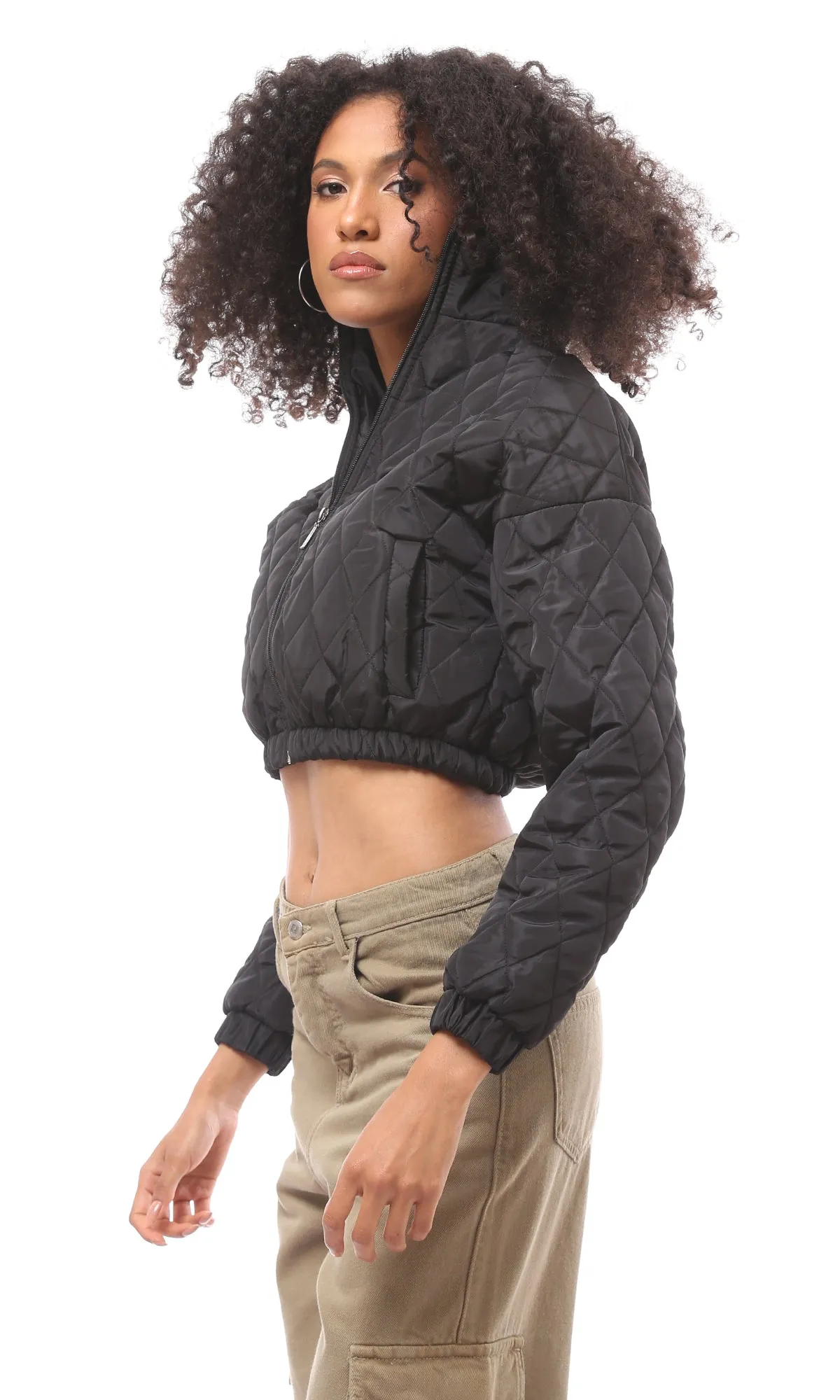 O171121 Black Quilted Cropped Bomber Jacket With Hem