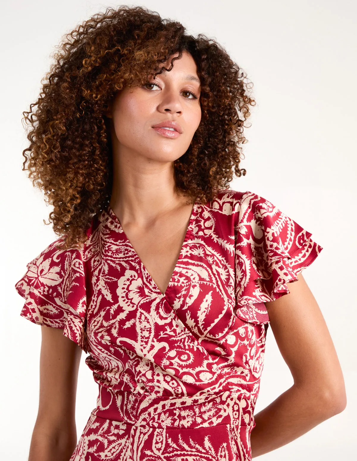 Paisley Wrap Front Ruffle Sleeve Mini Dress