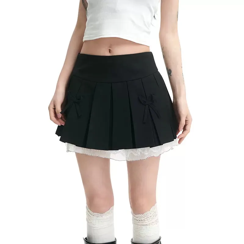 Pleated Bow Detail Mini Skirt with Lace Hem