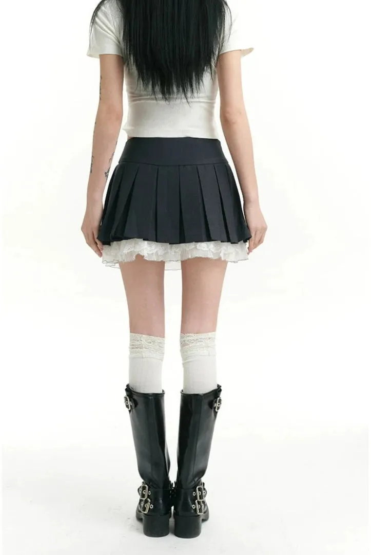 Pleated Bow Detail Mini Skirt with Lace Hem