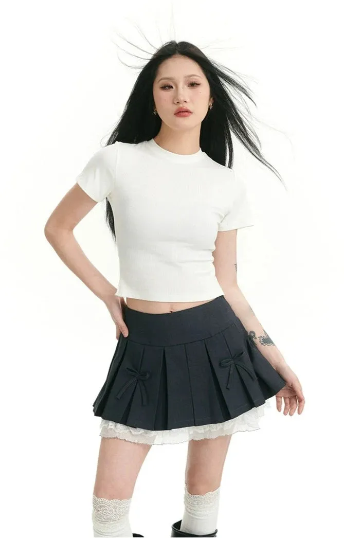 Pleated Bow Detail Mini Skirt with Lace Hem