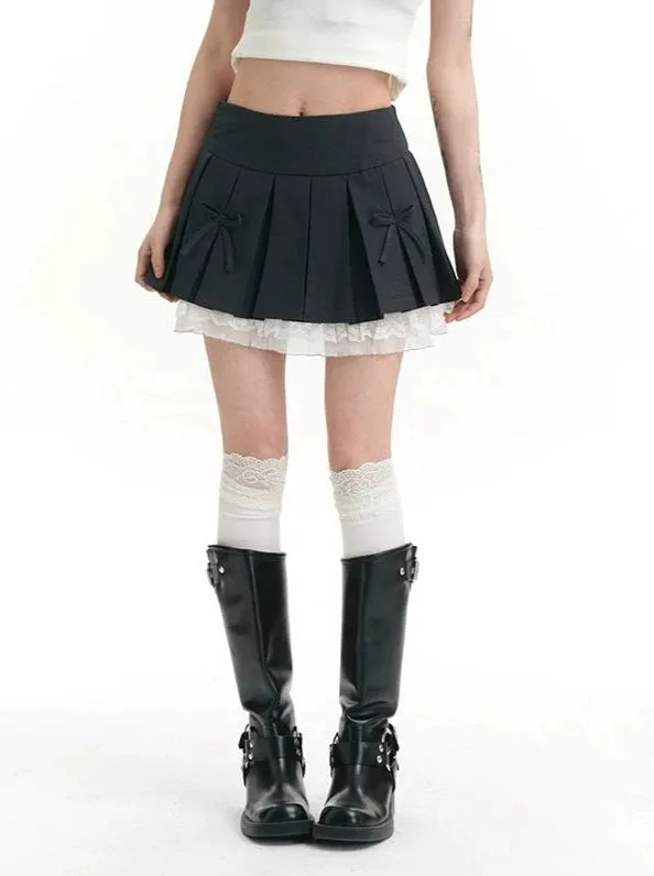 Pleated Bow Detail Mini Skirt with Lace Hem