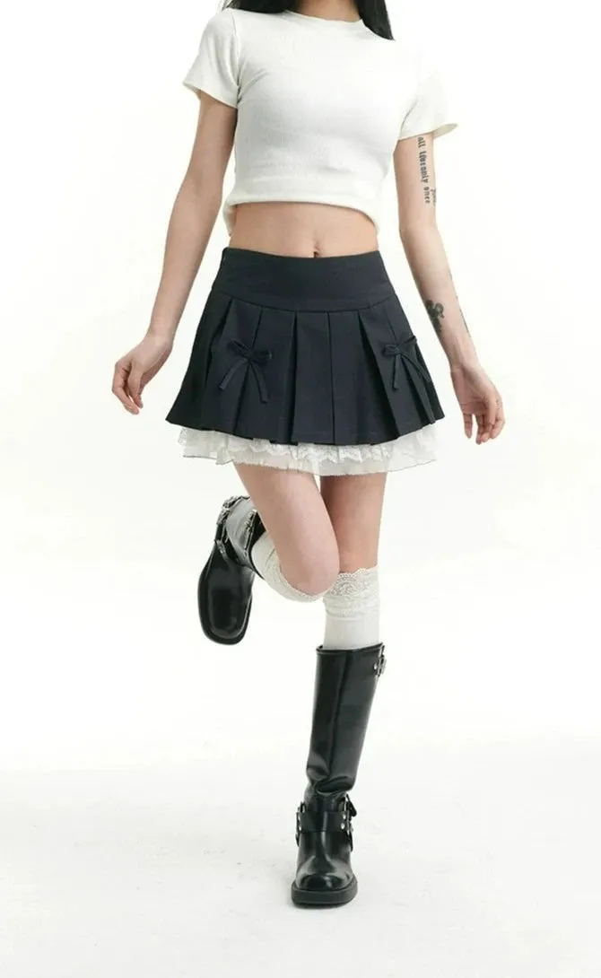 Pleated Bow Detail Mini Skirt with Lace Hem