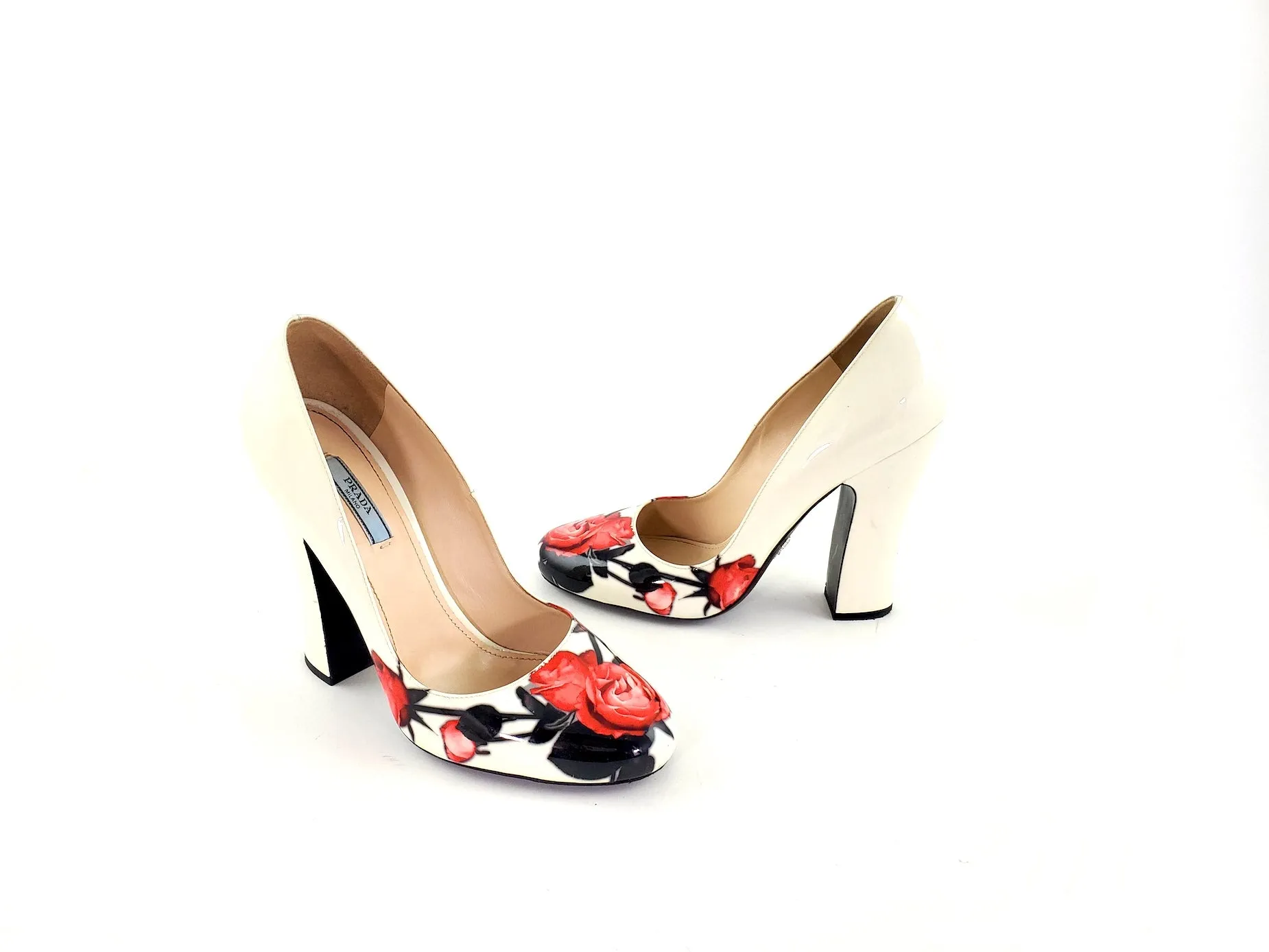 Prada Off White Floral Patent Leather Pumps 39