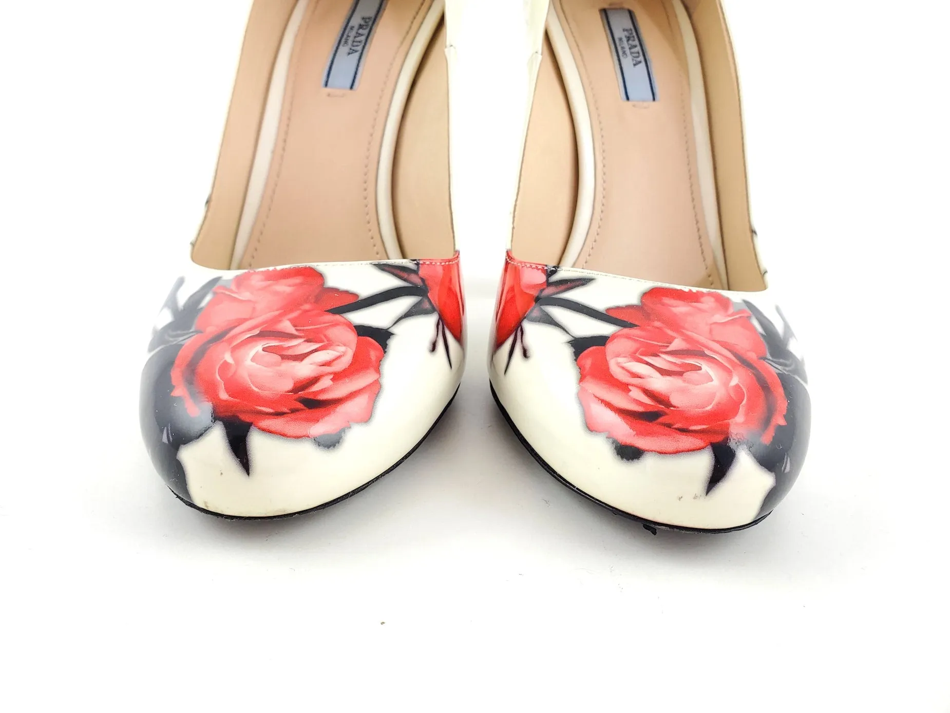 Prada Off White Floral Patent Leather Pumps 39