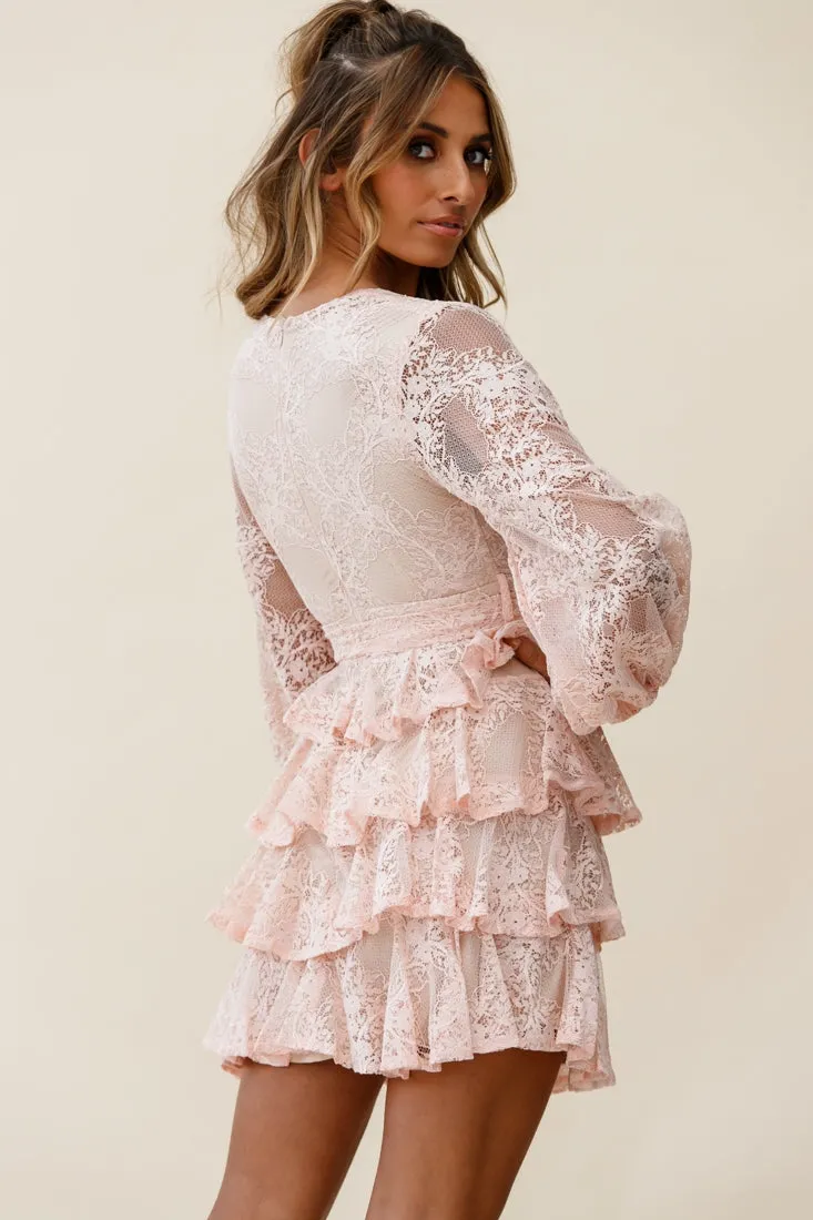 Queensland Balloon Sleeve Tiered Frill Lace Dress Pink