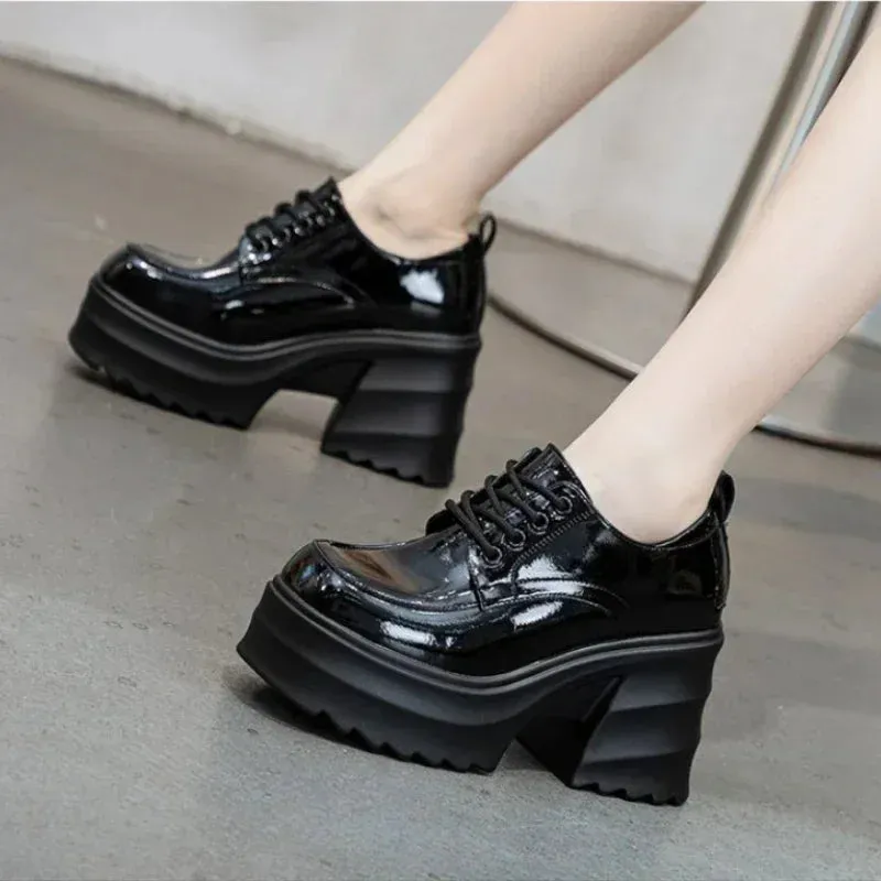 Sohiwoo Lace Up Spring Women Pumps Black Loafers Chunky 10CM High Heels High Platform British Autumn Ladies Thick Bottoms Shoes