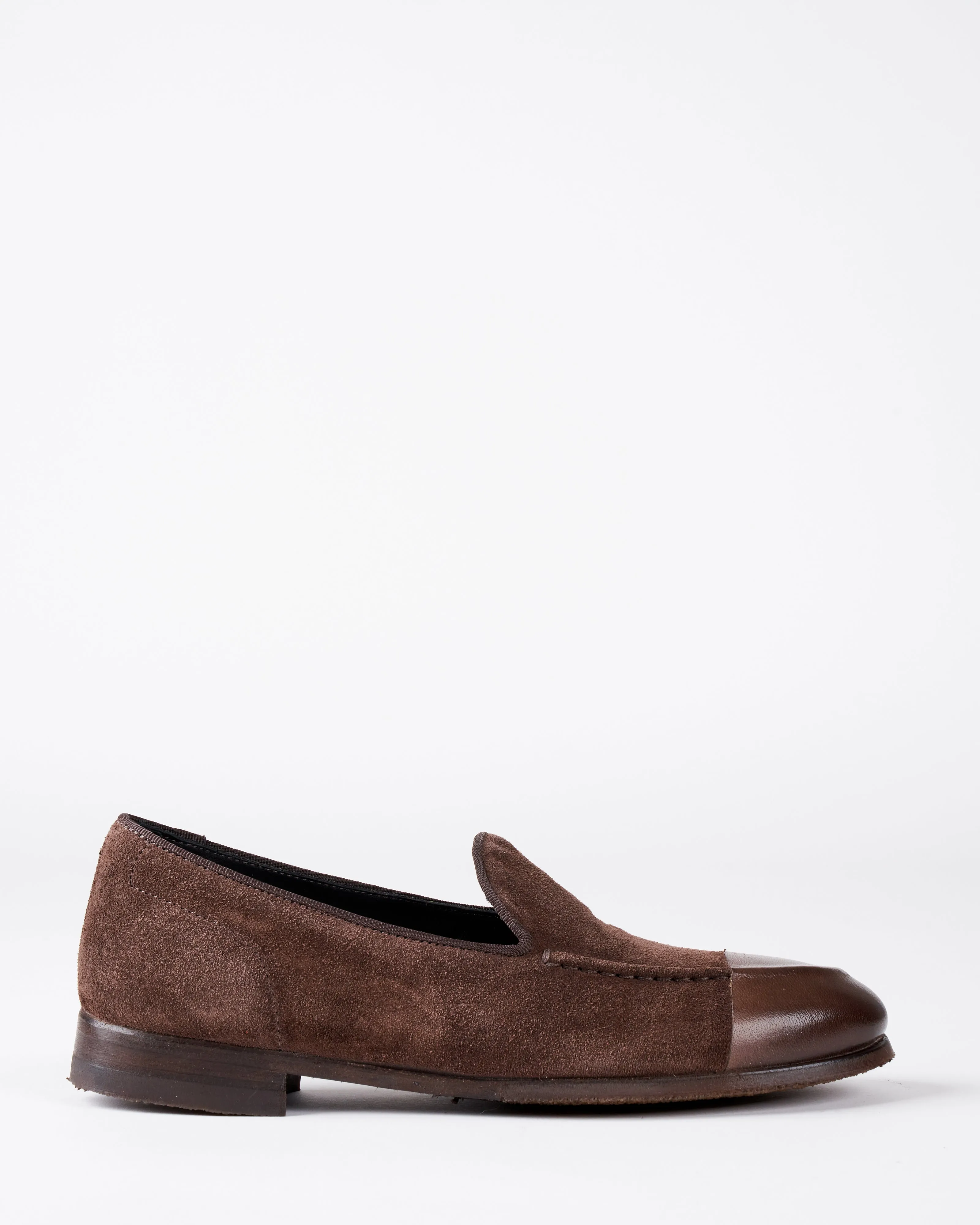 suede espresso/leather espresso dip/rubber sole loafer