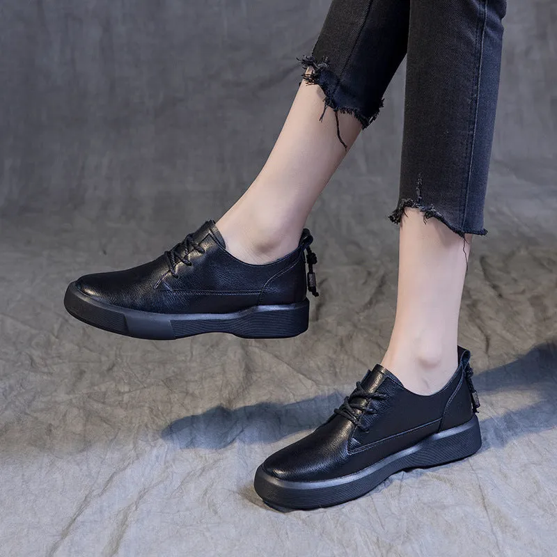 Womens Ankle Loafers Leather Round Toe Lace Up Flats Shoes