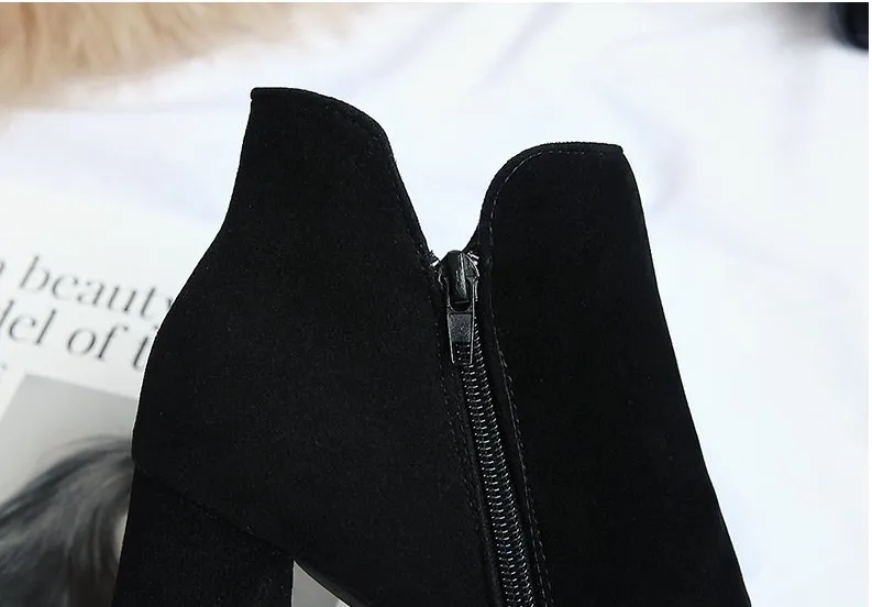 Women’s Fleece Lined Block Heel Ankle Boots with Zipper
